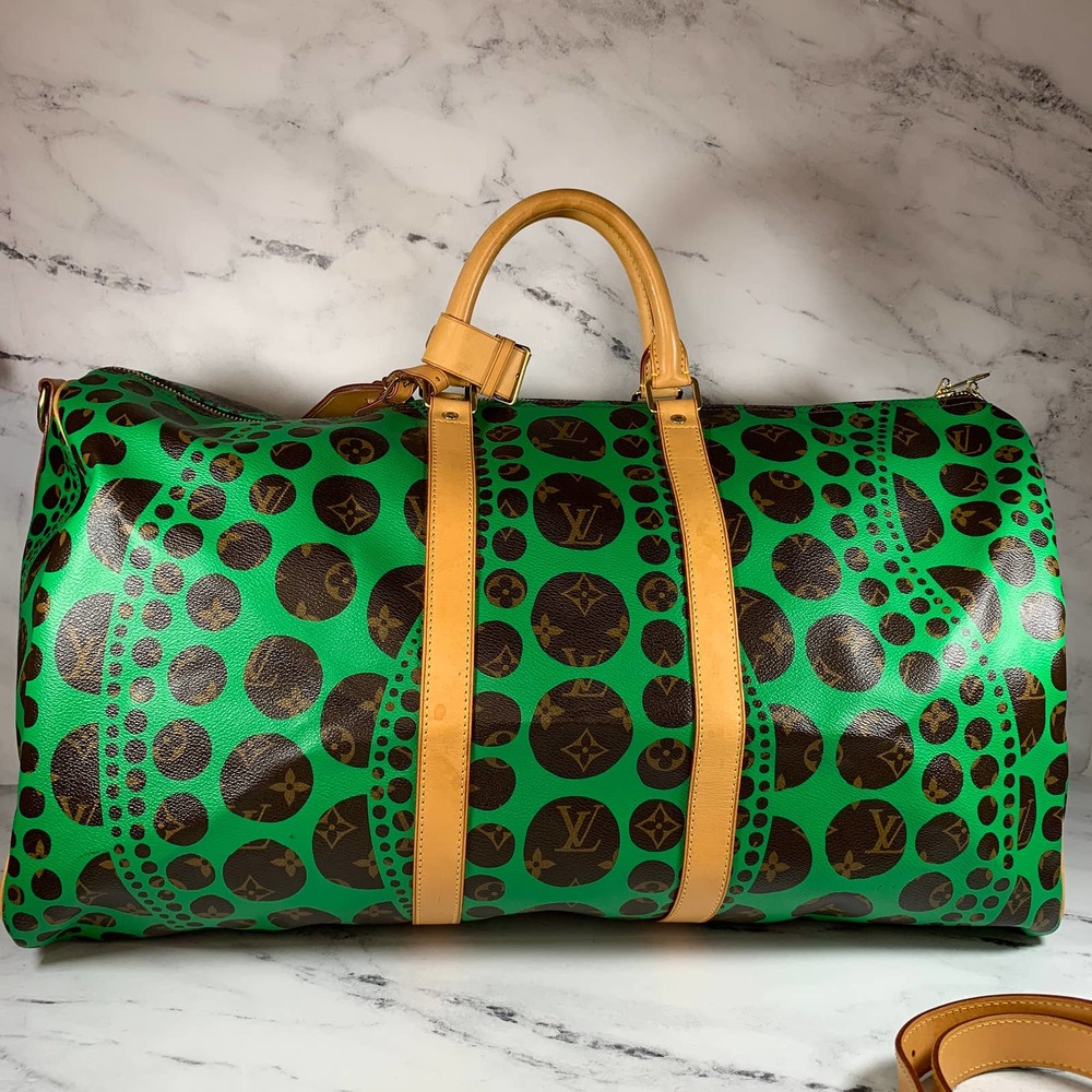 ❌❌ Louis Vuitton Kusama Keepall 55 Green bandouliere travel vintage bag LV RARE - Picture 3 of 15